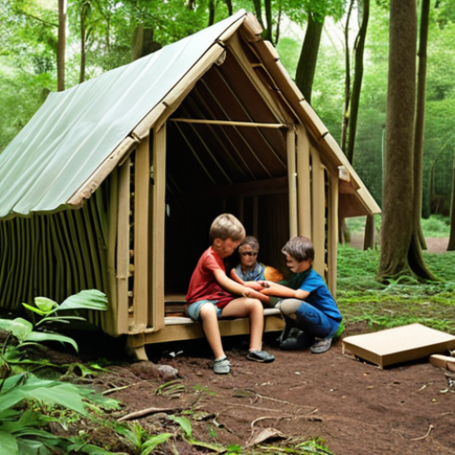 Home 19 ** Children working together to build a shelter in a lush green forest. The scene emphasizes teamwork, communication, and problem-solving. Focus on the joy and engagement on the children's faces as they collaborate. The environment should evoke a sense of wonder and natural beauty.
**