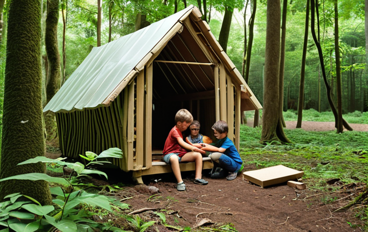 ** Children working together to build a shelter in a lush green forest. The scene emphasizes teamwork, communication, and problem-solving. Focus on the joy and engagement on the children's faces as they collaborate. The environment should evoke a sense of wonder and natural beauty.
**