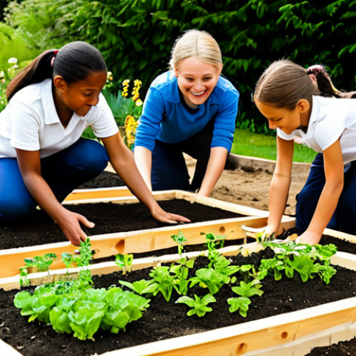 Home 18 A diverse group of children (ages 7-10) and a professional female teacher, actively engaged in a vibrant school learning garden under warm sunlight. Children are wearing modest, durable outdoor clothing, like t-shirts, practical trousers, and closed shoes. They are planting small seedlings in raised garden beds and observing blossoming flowers, demonstrating hands-on learning. The teacher, fully clothed in a professional yet comfortable outdoor outfit, is guiding them with a gentle smile. The garden features various plants, small wooden tools, and clear paths, highlighting a joyful and educational outdoor environment.
* `safe for work`, `appropriate content`, `fully clothed`, `family-friendly`, `perfect anatomy`, `correct proportions`, `natural pose`, `well-formed hands`, `proper finger count`, `natural body proportions`, `professional photography`, `high quality`, `sharp focus`, `natural lighting`.