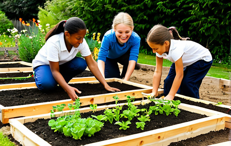 A diverse group of children (ages 7-10) and a professional female teacher, actively engaged in a vibrant school learning garden under warm sunlight. Children are wearing modest, durable outdoor clothing, like t-shirts, practical trousers, and closed shoes. They are planting small seedlings in raised garden beds and observing blossoming flowers, demonstrating hands-on learning. The teacher, fully clothed in a professional yet comfortable outdoor outfit, is guiding them with a gentle smile. The garden features various plants, small wooden tools, and clear paths, highlighting a joyful and educational outdoor environment.
    *   `safe for work`, `appropriate content`, `fully clothed`, `family-friendly`, `perfect anatomy`, `correct proportions`, `natural pose`, `well-formed hands`, `proper finger count`, `natural body proportions`, `professional photography`, `high quality`, `sharp focus`, `natural lighting`.