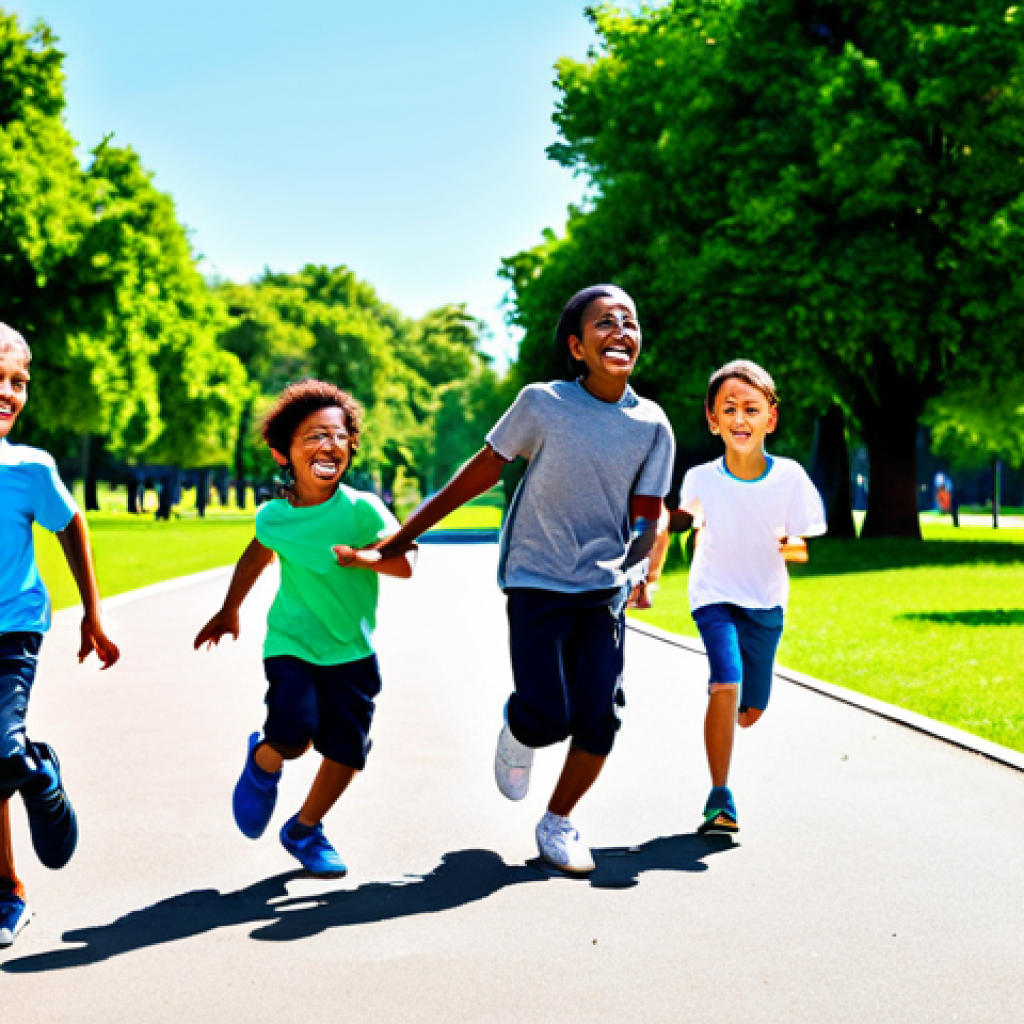 A group of diverse children, aged 6-10 years old, joyfully running and playing freely in a sun-drenched, vibrant green public park. One child is laughing while another points towards a distant tree, with lush foliage and a clear blue sky in the background. All children are fully clothed in appropriate, modest, and comfortable everyday play attire, such as t-shirts, trousers, and sneakers. Professional photography, high resolution, detailed, vivid colors, natural pose, perfect anatomy, correct proportions, well-formed hands, proper finger count, natural body proportions, safe for work, appropriate content, family-friendly.