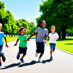 A group of diverse children, aged 6-10 years old, joyfully running and playing freely in a sun-drenched, vibrant green public park. One child is laughing while another points towards a distant tree, with lush foliage and a clear blue sky in the background. All children are fully clothed in appropriate, modest, and comfortable everyday play attire, such as t-shirts, trousers, and sneakers. Professional photography, high resolution, detailed, vivid colors, natural pose, perfect anatomy, correct proportions, well-formed hands, proper finger count, natural body proportions, safe for work, appropriate content, family-friendly.