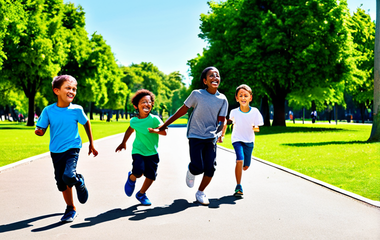 A group of diverse children, aged 6-10 years old, joyfully running and playing freely in a sun-drenched, vibrant green public park. One child is laughing while another points towards a distant tree, with lush foliage and a clear blue sky in the background. All children are fully clothed in appropriate, modest, and comfortable everyday play attire, such as t-shirts, trousers, and sneakers. Professional photography, high resolution, detailed, vivid colors, natural pose, perfect anatomy, correct proportions, well-formed hands, proper finger count, natural body proportions, safe for work, appropriate content, family-friendly.