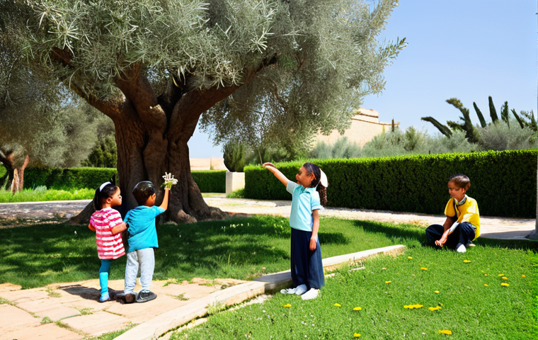 A diverse group of elementary school children, fully clothed in modest, comfortable outdoor attire, is gathered in a lush, sun-dappled garden. One child points excitedly at a blossoming flower, while another observes a small insect on a leaf. In the background, an ancient olive tree stands tall, representing Middle Eastern culture, alongside subtle hints of diverse global plant life. The children are engaged in a natural pose, exhibiting perfect anatomy, correct proportions, well-formed hands, and proper finger count. The scene conveys curiosity, collaboration, and a sense of wonder. Professional photography, high quality, safe for work, appropriate content, fully clothed, family-friendly.
