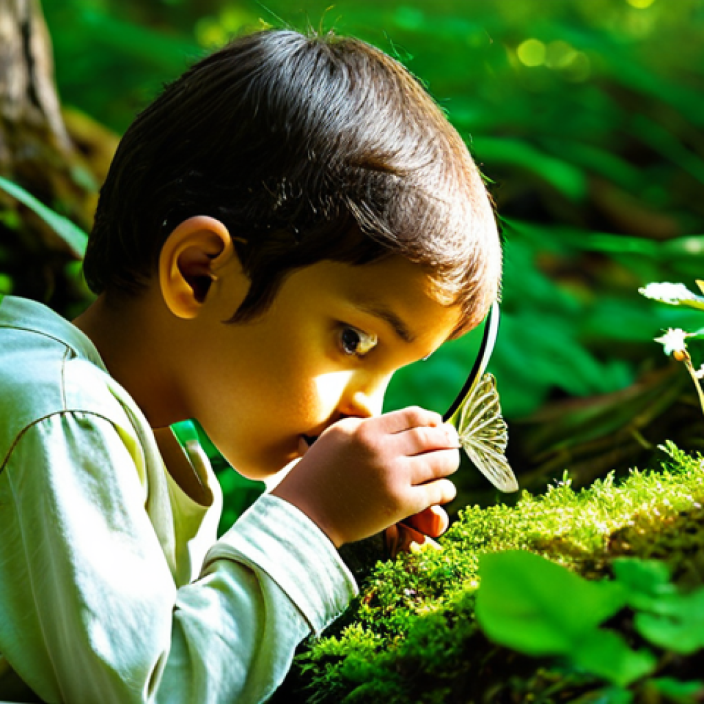 자연을 통한 인성 교육 프로그램 - A close-up, highly detailed shot of a curious young Arab child (around 7 years old) with warm, brown...