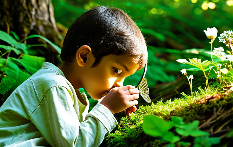자연을 통한 인성 교육 프로그램 - A close-up, highly detailed shot of a curious young Arab child (around 7 years old) with warm, brown...