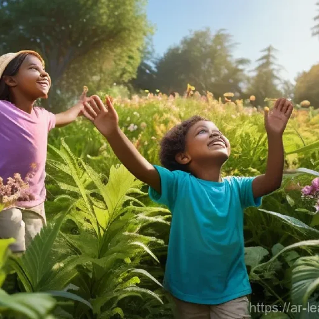 환경 교육을 위한 야외 탐방 기획 - **Prompt:** "A vibrant, sun-dappled scene of diverse children, aged 5-12, actively exploring a lush ...