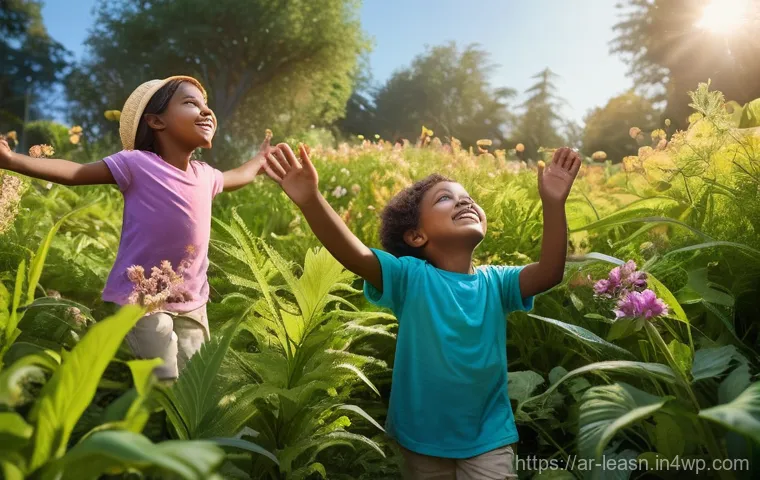 환경 교육을 위한 야외 탐방 기획 - **Prompt:** "A vibrant, sun-dappled scene of diverse children, aged 5-12, actively exploring a lush ...