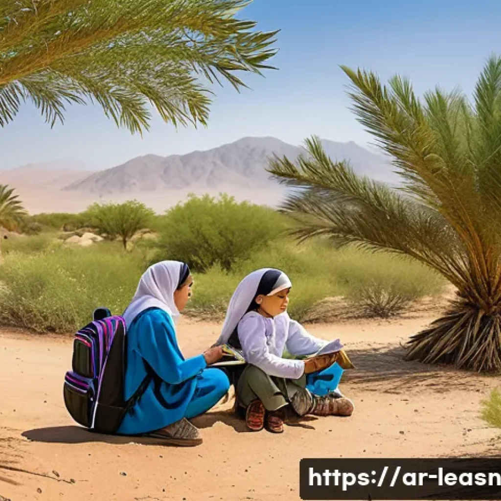 자연 보호와 야외 교육의 관계 - A vibrant outdoor classroom scene in a lush Middle Eastern nature reserve during spring, featuring A...
