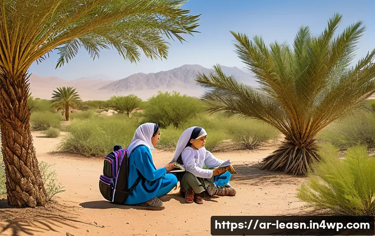 자연 보호와 야외 교육의 관계 - A vibrant outdoor classroom scene in a lush Middle Eastern nature reserve during spring, featuring A...