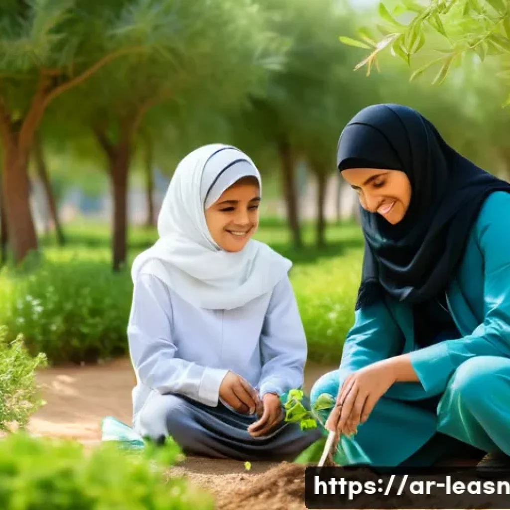 체험 중심의 야외 교육 프로그램 사례 - A diverse group of Arabic-speaking children aged around 10-12, wearing modest outdoor clothing and c...