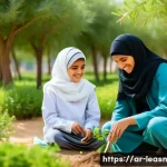 Home 22 체험 중심의 야외 교육 프로그램 사례 - A diverse group of Arabic-speaking children aged around 10-12, wearing modest outdoor clothing and c...