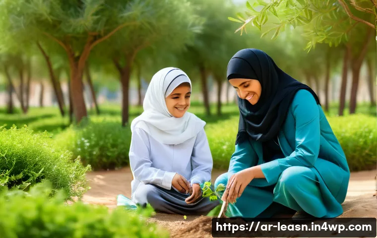 체험 중심의 야외 교육 프로그램 사례 - A diverse group of Arabic-speaking children aged around 10-12, wearing modest outdoor clothing and c...