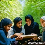 Home 20 야외 교육 프로그램의 성공 사례 분석 - A diverse group of Arabic-speaking school children aged around 12-15, wearing modest outdoor clothin...