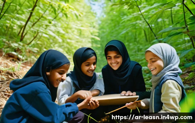 야외 교육 프로그램의 성공 사례 분석 - A diverse group of Arabic-speaking school children aged around 12-15, wearing modest outdoor clothin...