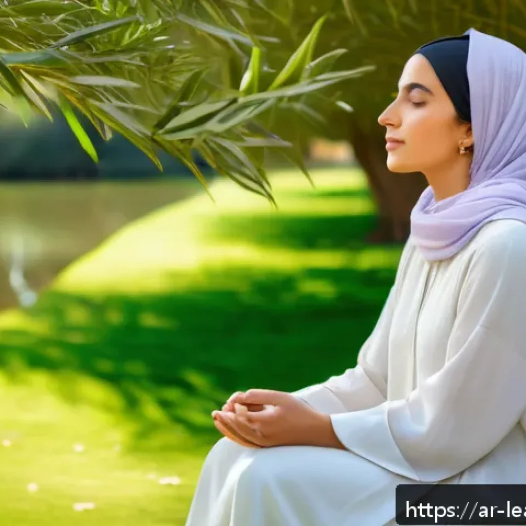 자연 속에서의 스트레스 관리 방법 - A serene scene of a Middle Eastern woman dressed modestly in loose, lightweight clothing and a heads...