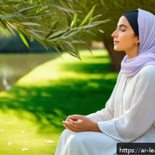 Home 31 자연 속에서의 스트레스 관리 방법 - A serene scene of a Middle Eastern woman dressed modestly in loose, lightweight clothing and a heads...