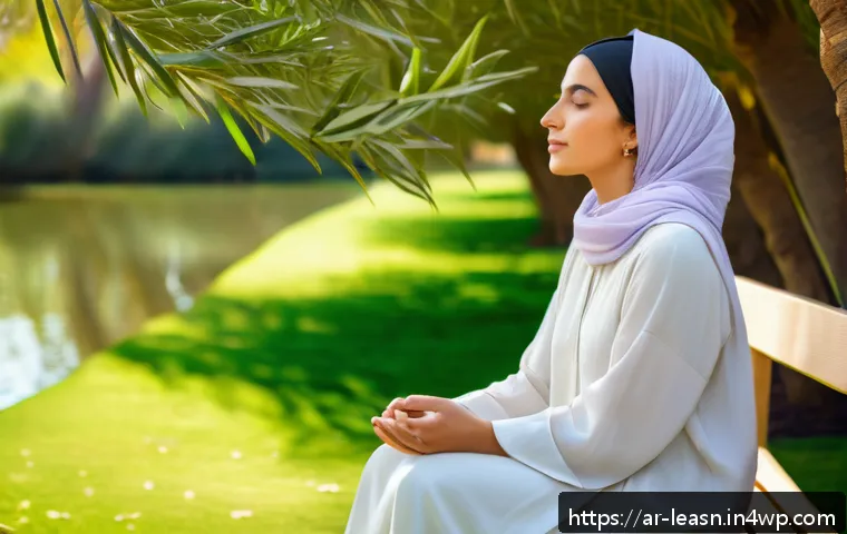 자연 속에서의 스트레스 관리 방법 - A serene scene of a Middle Eastern woman dressed modestly in loose, lightweight clothing and a heads...
