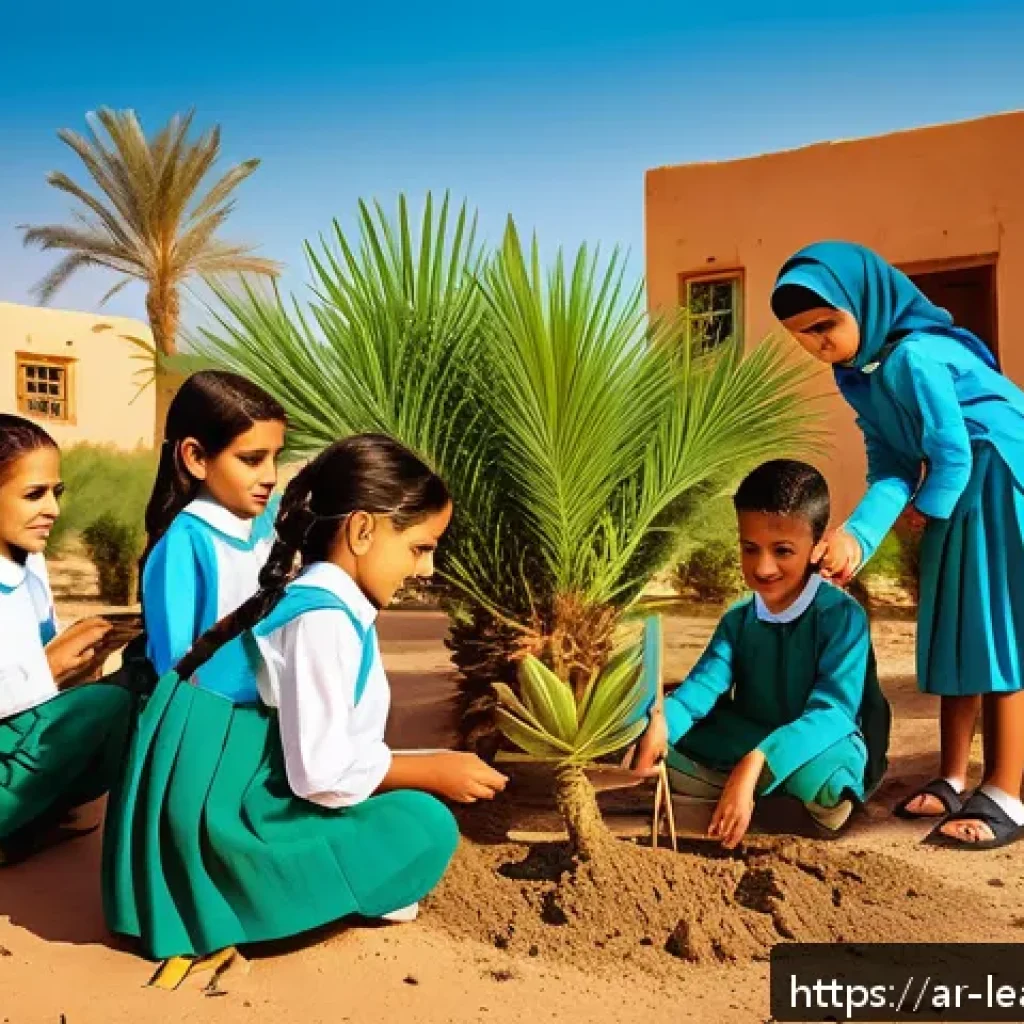 지역 자연 자원을 활용하는 교육 모델 - A vibrant outdoor classroom scene in a North African or Middle Eastern village setting, featuring di...