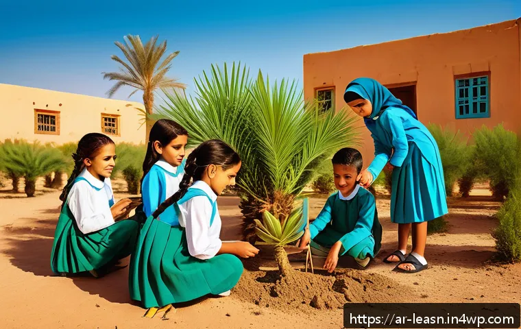 지역 자연 자원을 활용하는 교육 모델 - A vibrant outdoor classroom scene in a North African or Middle Eastern village setting, featuring di...