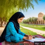 Home 23 야외 교육 프로그램 설계 가이드 - A vibrant outdoor classroom scene set in a lush park in the Middle East, featuring diverse Arabic ch...