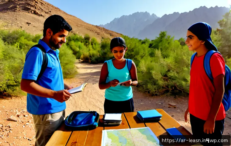 모험 기반 야외 교육 프로그램 기획 - Photorealistic outdoor adventure education program planning scene in a sunlit desert-edge nature res...