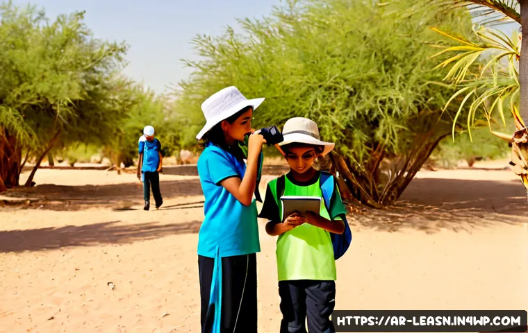 야외 교육 프로그램에서 어린이의 역할 - Photorealistic outdoor education program in a sunlit desert oasis park, diverse Arab children ages 8...